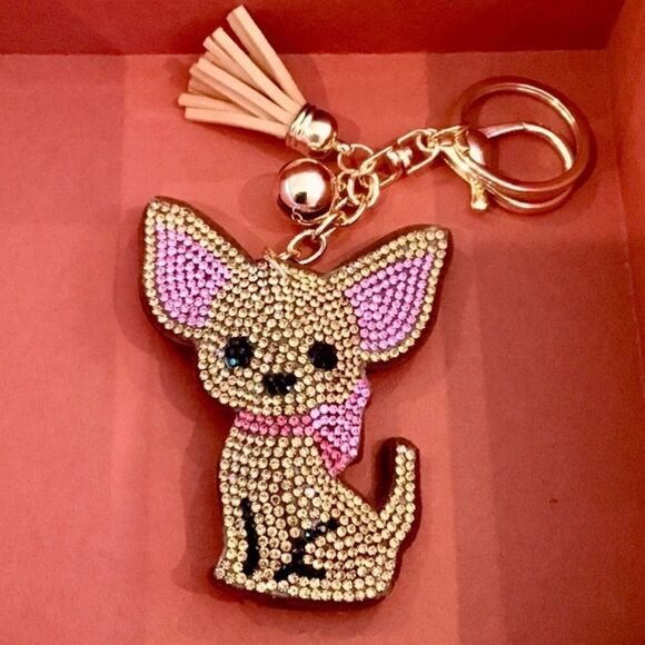 CHIHUAHUA ADORABLE KEYCHAIN CHARM RHINESTONES GOLD TONE HARDWARE - Picture 4 of 6
